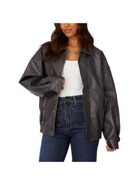 Women Grey Faux Leather Motorcycle Jacket Trendy Fall Spring Clothes Outerwear